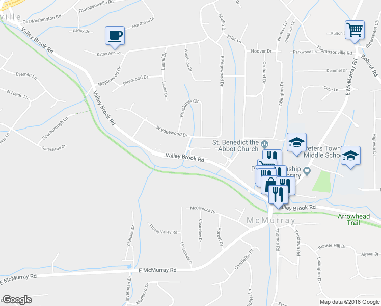 map of restaurants, bars, coffee shops, grocery stores, and more near 206 Bayberry Court in Canonsburg