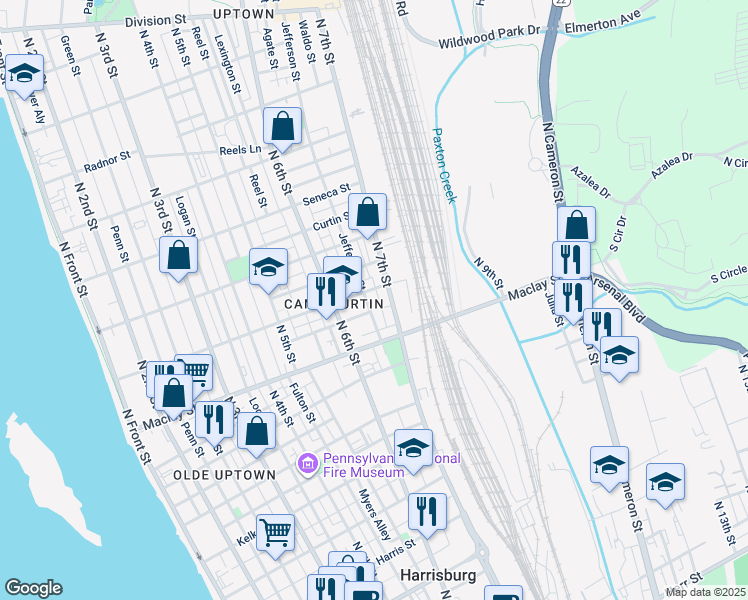 map of restaurants, bars, coffee shops, grocery stores, and more near 626 Woodbine Street in Harrisburg