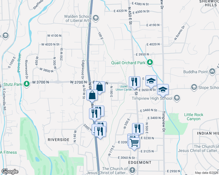 map of restaurants, bars, coffee shops, grocery stores, and more near 3679 North 180 East in Provo