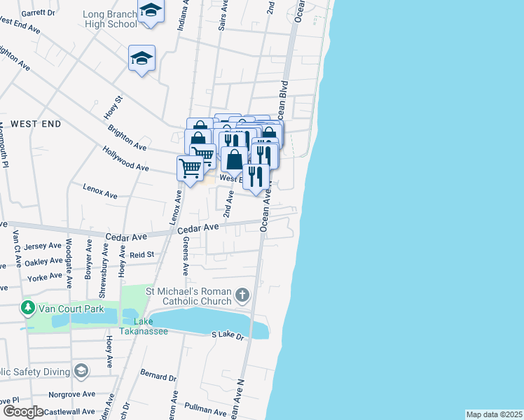 map of restaurants, bars, coffee shops, grocery stores, and more near 660 Ocean Avenue in Long Branch
