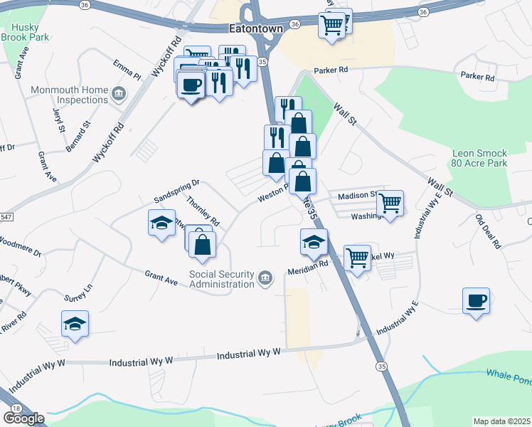 map of restaurants, bars, coffee shops, grocery stores, and more near 28 Weston Place in Eatontown