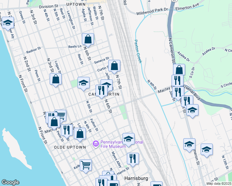 map of restaurants, bars, coffee shops, grocery stores, and more near 626 Woodbine Street in Harrisburg