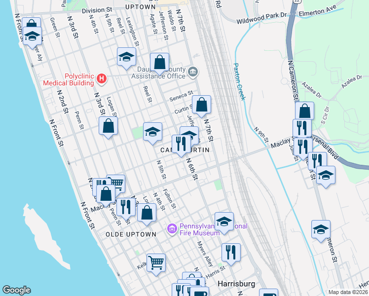 map of restaurants, bars, coffee shops, grocery stores, and more near 2212 North 6th Street in Harrisburg
