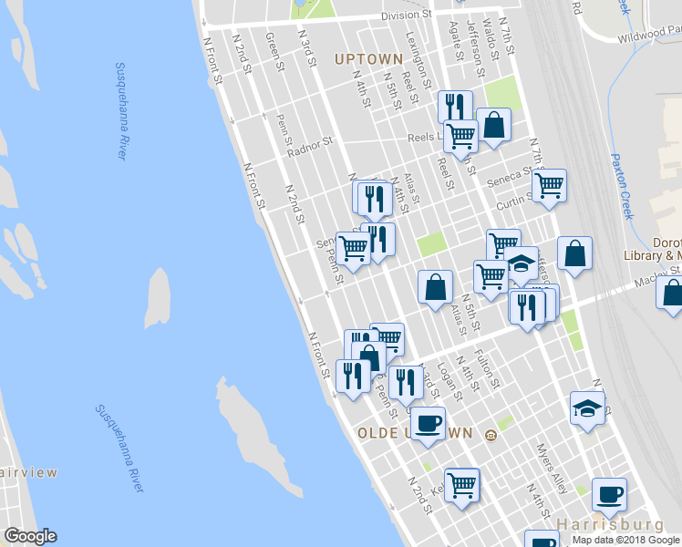 map of restaurants, bars, coffee shops, grocery stores, and more near 2309 Penn Street in Harrisburg