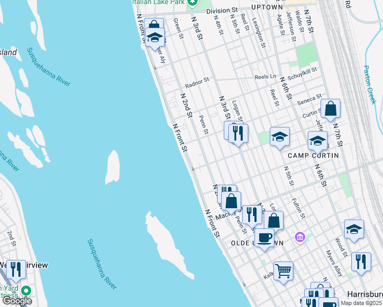 map of restaurants, bars, coffee shops, grocery stores, and more near 2345 North Front Street in Harrisburg