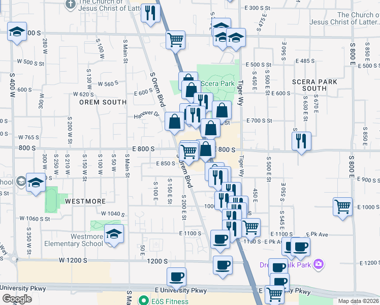 map of restaurants, bars, coffee shops, grocery stores, and more near 202 East 800 South in Orem