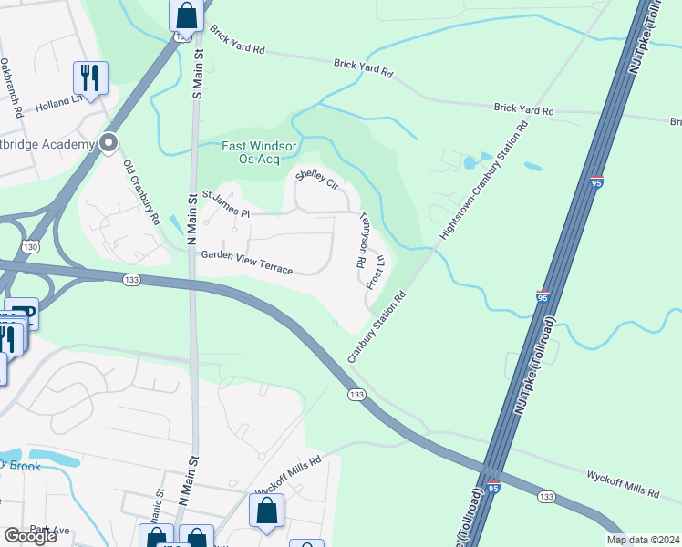 map of restaurants, bars, coffee shops, grocery stores, and more near 54 Garden View Terrace in Hightstown
