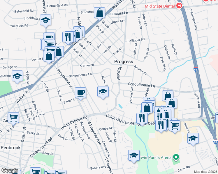 map of restaurants, bars, coffee shops, grocery stores, and more near 314 Rustic Drive in Harrisburg