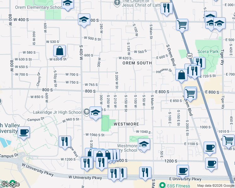 map of restaurants, bars, coffee shops, grocery stores, and more near 207 West 800 South in Orem