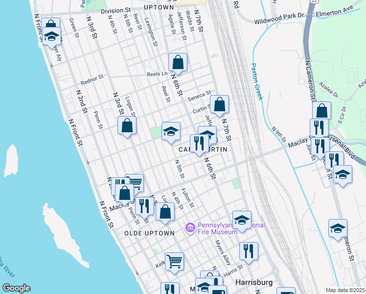 map of restaurants, bars, coffee shops, grocery stores, and more near 529 Camp Street in Harrisburg