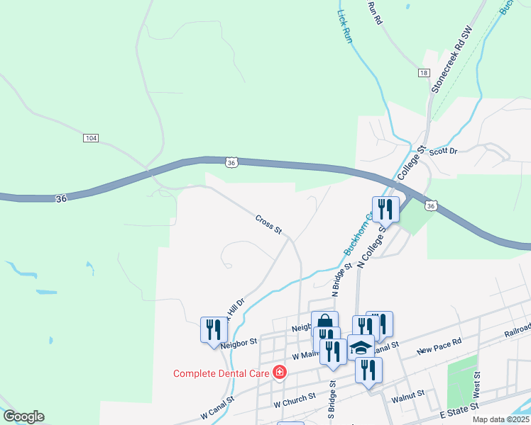 map of restaurants, bars, coffee shops, grocery stores, and more near 777 Cross Street in Newcomerstown