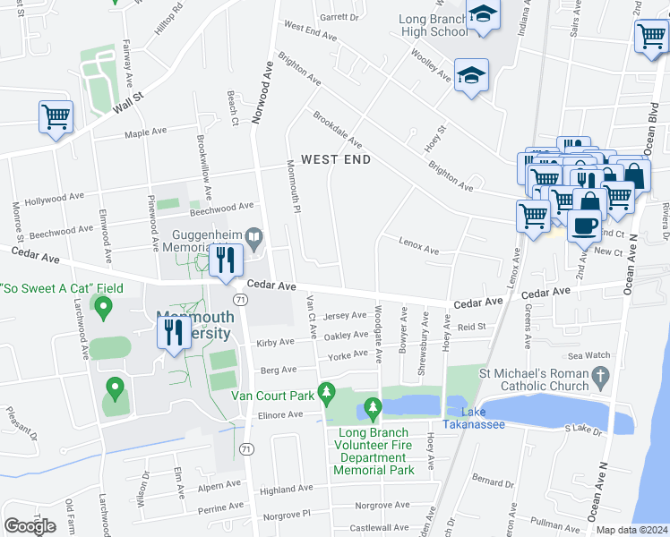 map of restaurants, bars, coffee shops, grocery stores, and more near 723 Westwood Avenue in Long Branch