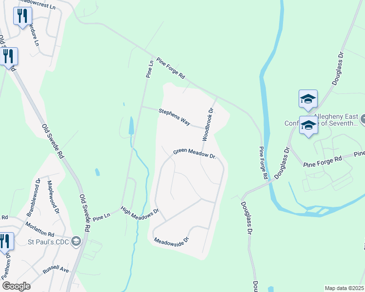 map of restaurants, bars, coffee shops, grocery stores, and more near 311 Green Meadow Drive in Douglassville
