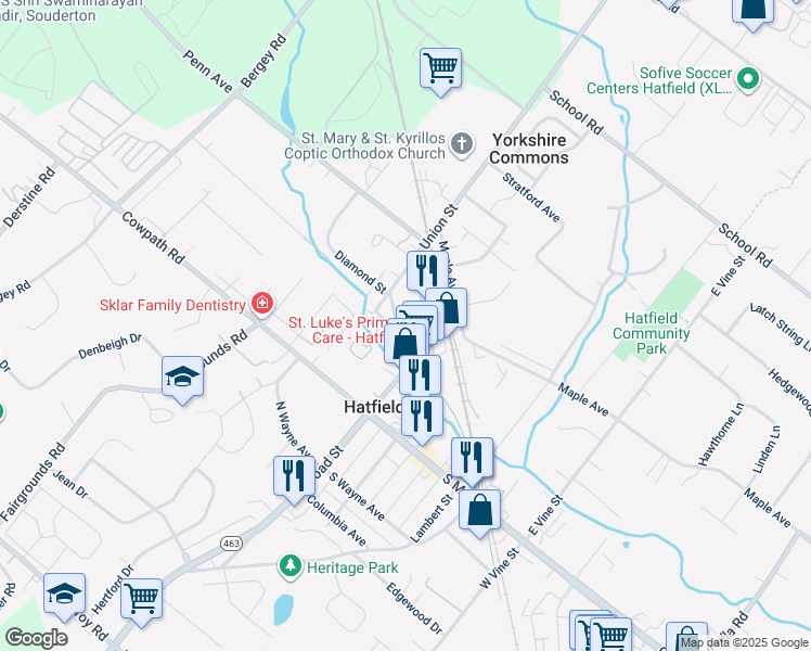 map of restaurants, bars, coffee shops, grocery stores, and more near 3 Diamond Street in Hatfield