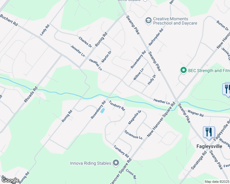 map of restaurants, bars, coffee shops, grocery stores, and more near 2550 Rosenberry Road in Gilbertsville