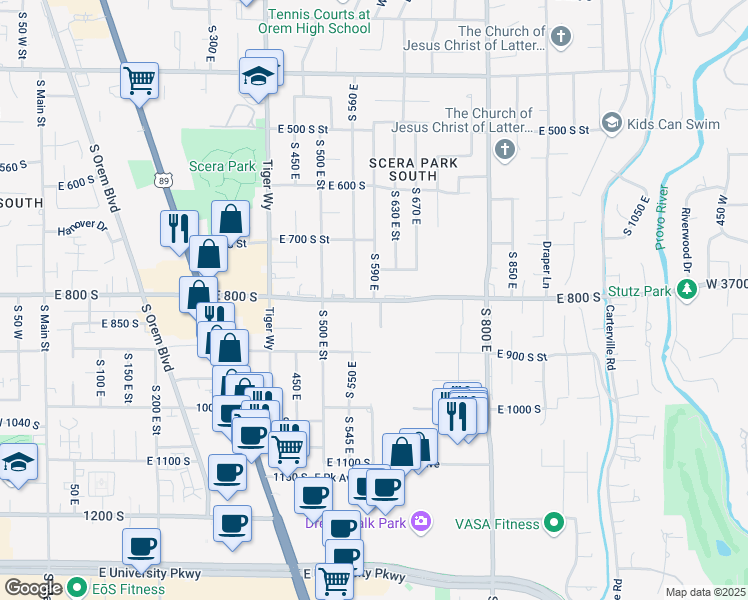 map of restaurants, bars, coffee shops, grocery stores, and more near 1452 South 590 East in Orem