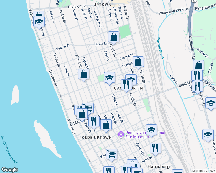 map of restaurants, bars, coffee shops, grocery stores, and more near 2257 Atlas Street in Harrisburg