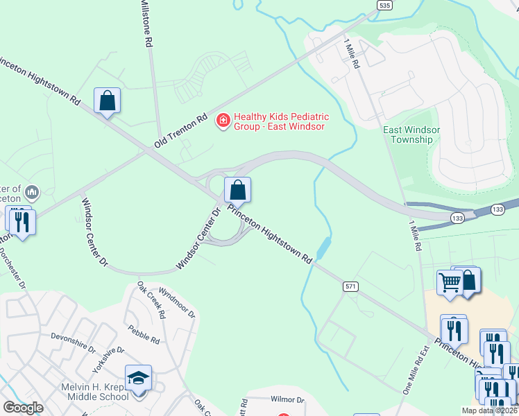 map of restaurants, bars, coffee shops, grocery stores, and more near 244 Princeton Hightstown Road in East Windsor