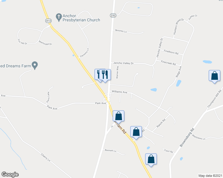 map of restaurants, bars, coffee shops, grocery stores, and more near 2615 Windy Bush Road in Newtown