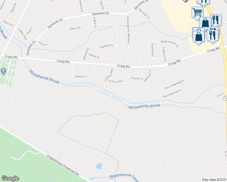 map of restaurants, bars, coffee shops, grocery stores, and more near 269 Century Way in Manalapan Township