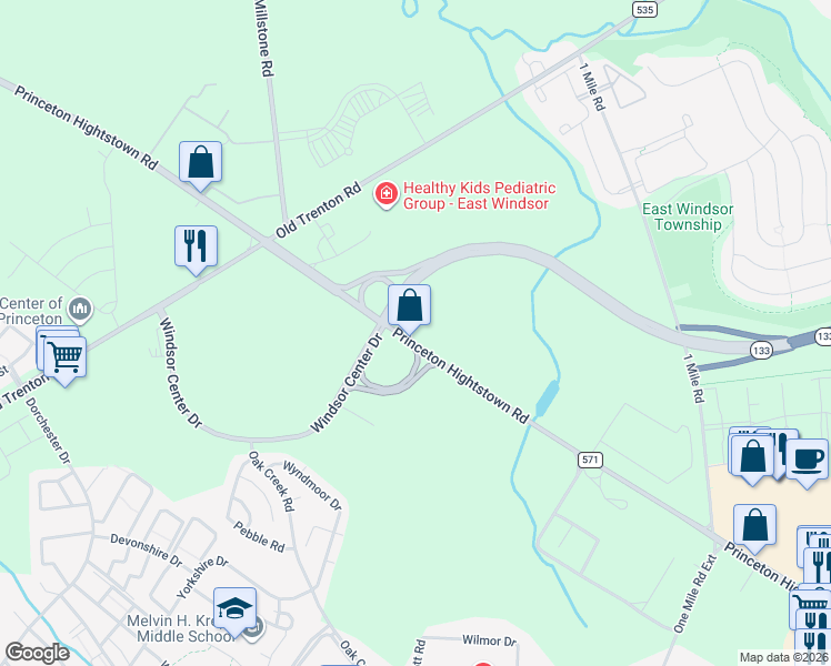 map of restaurants, bars, coffee shops, grocery stores, and more near 244 Princeton Hightstown Road in East Windsor