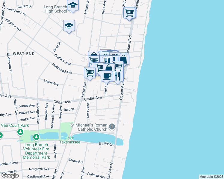 map of restaurants, bars, coffee shops, grocery stores, and more near 36 New Court in Long Branch