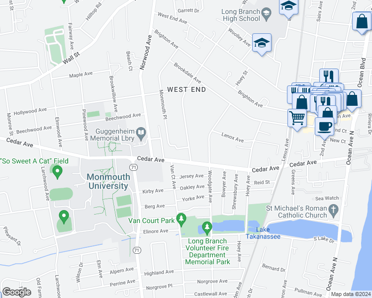 map of restaurants, bars, coffee shops, grocery stores, and more near 723 Westwood Avenue in Long Branch