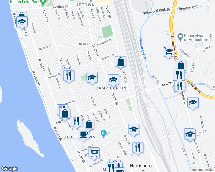 map of restaurants, bars, coffee shops, grocery stores, and more near 2212 North 6th Street in Harrisburg