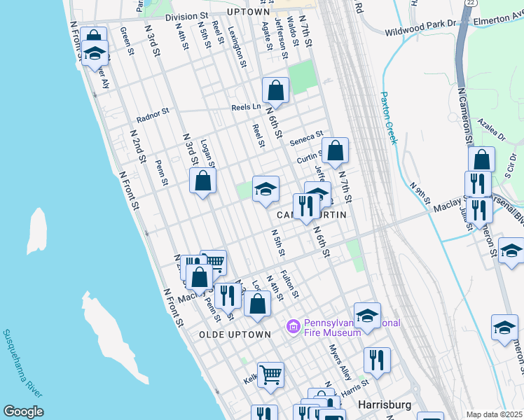 map of restaurants, bars, coffee shops, grocery stores, and more near 2257 Atlas Street in Harrisburg