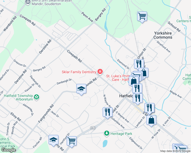 map of restaurants, bars, coffee shops, grocery stores, and more near 1898 Fairgrounds Road in Hatfield
