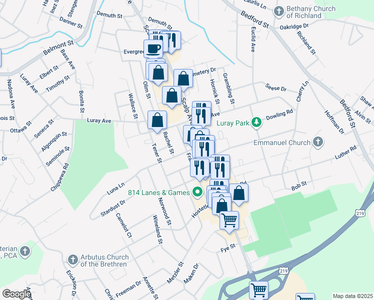 map of restaurants, bars, coffee shops, grocery stores, and more near 1098 Frances St in Johnstown