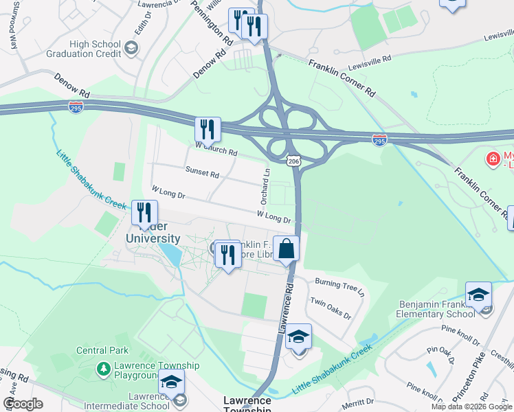 map of restaurants, bars, coffee shops, grocery stores, and more near 1 Orchard Lane in Lawrence Township