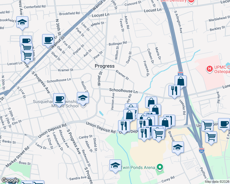 map of restaurants, bars, coffee shops, grocery stores, and more near 3801 Schoolhouse Ln in Harrisburg