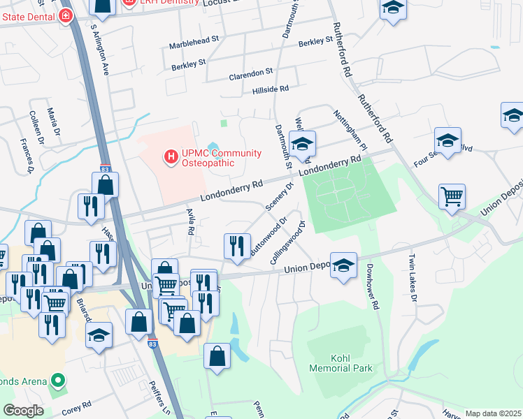 map of restaurants, bars, coffee shops, grocery stores, and more near 1000 Scenery Drive in Harrisburg