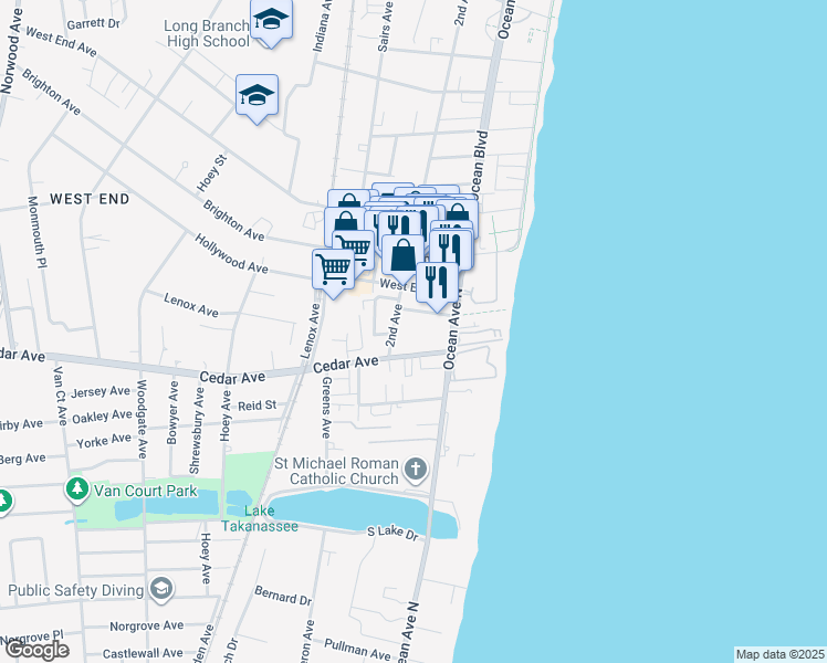 map of restaurants, bars, coffee shops, grocery stores, and more near 36 New Court in Long Branch