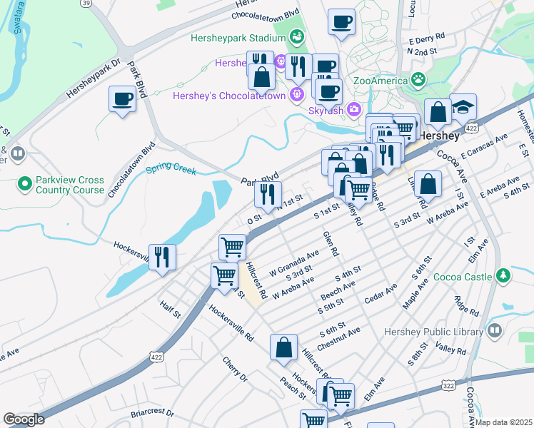 map of restaurants, bars, coffee shops, grocery stores, and more near 507R North 1st Street in Hershey
