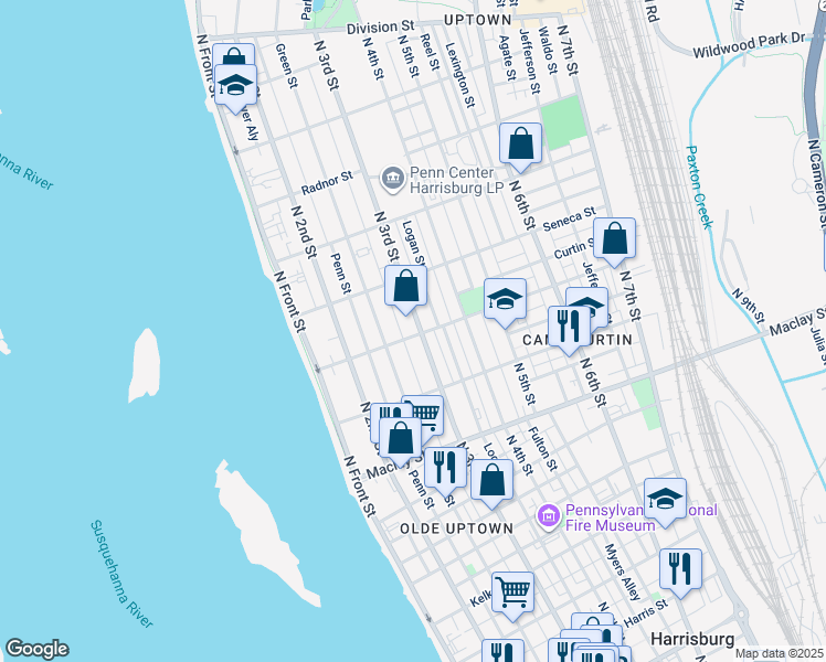 map of restaurants, bars, coffee shops, grocery stores, and more near 2300 North 3rd Street in Harrisburg