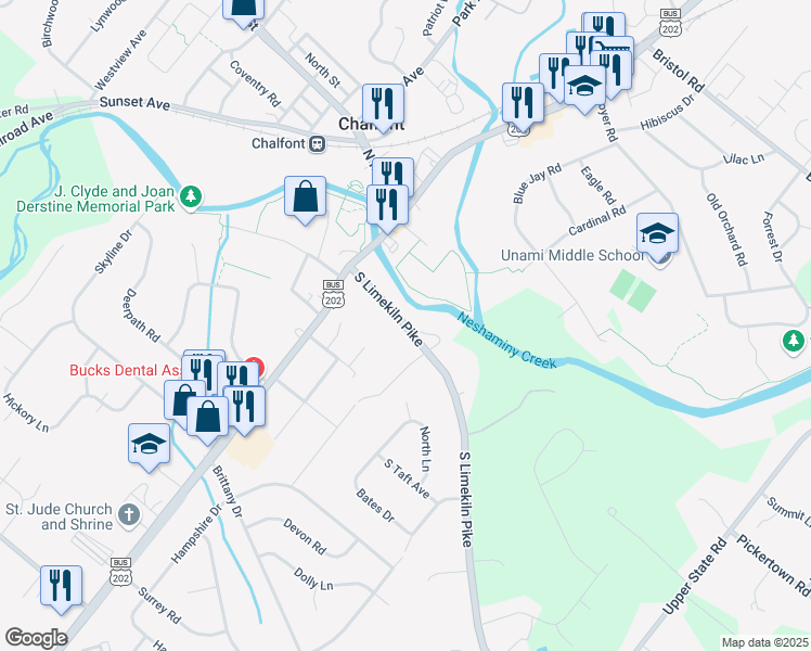 map of restaurants, bars, coffee shops, grocery stores, and more near 64 South Limekiln Pike in Chalfont