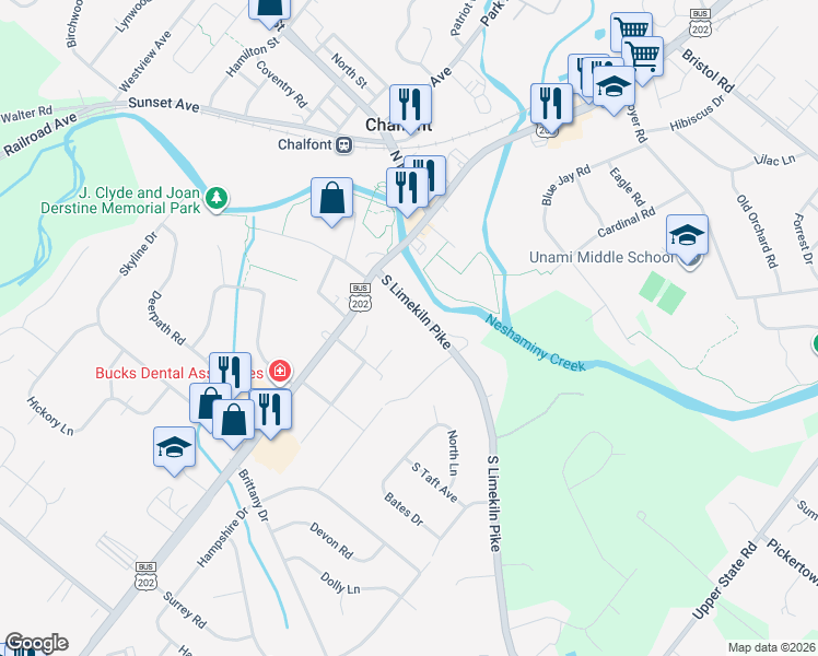 map of restaurants, bars, coffee shops, grocery stores, and more near 50 South Limekiln Pike in Chalfont