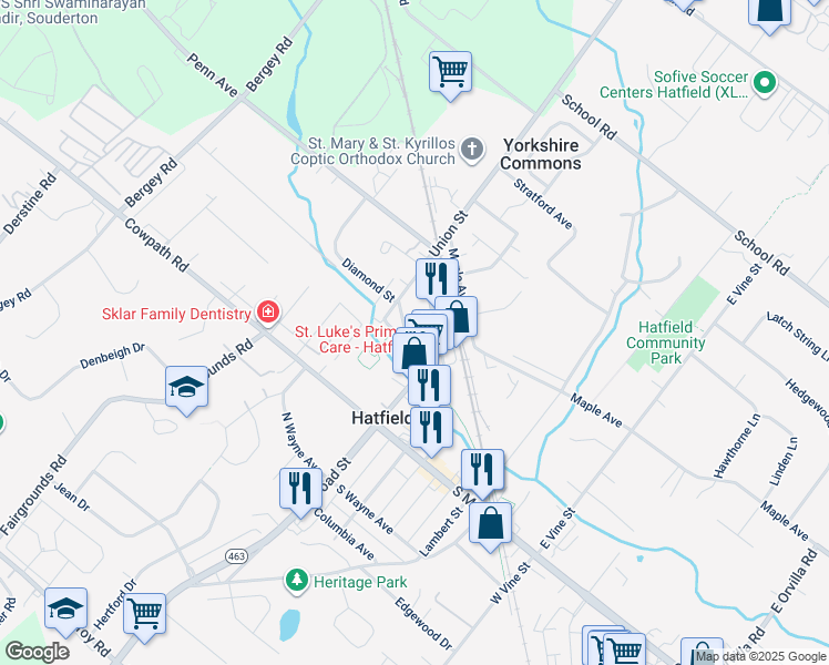 map of restaurants, bars, coffee shops, grocery stores, and more near 3 Diamond Street in Hatfield