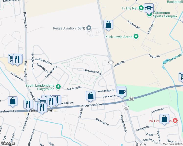 map of restaurants, bars, coffee shops, grocery stores, and more near 426 Brookwood Drive in Palmyra
