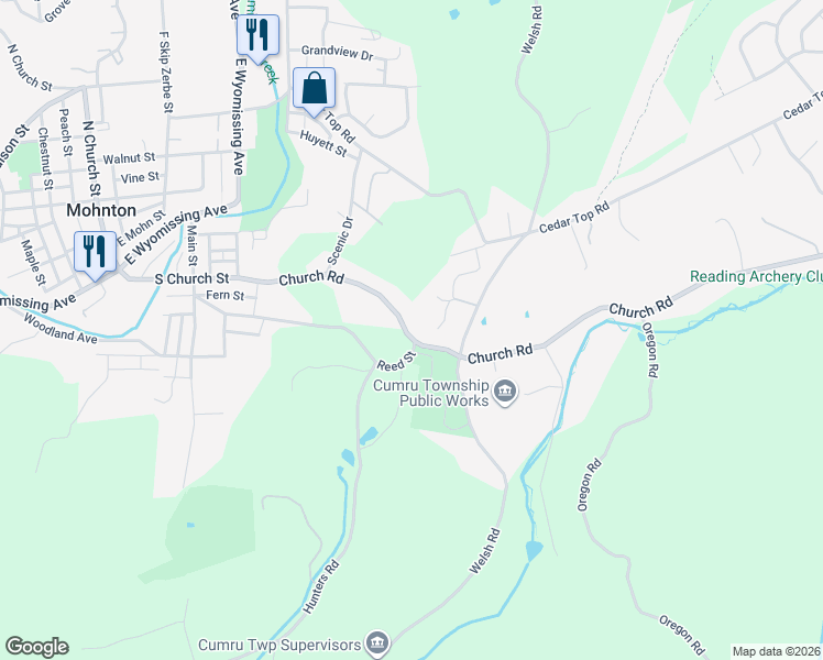 map of restaurants, bars, coffee shops, grocery stores, and more near 425 Church Road in Mohnton