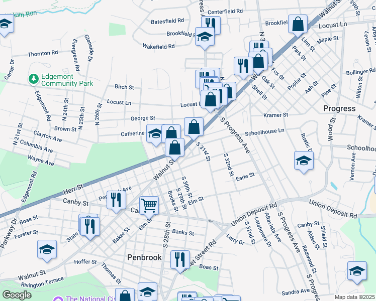 map of restaurants, bars, coffee shops, grocery stores, and more near 3031 Walnut Street in Harrisburg