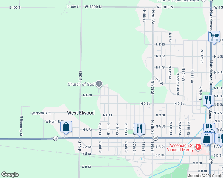 map of restaurants, bars, coffee shops, grocery stores, and more near 613 North 4th Street in Elwood