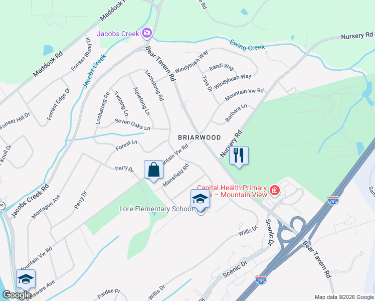 map of restaurants, bars, coffee shops, grocery stores, and more near 101 Mountainview Road in Ewing Township