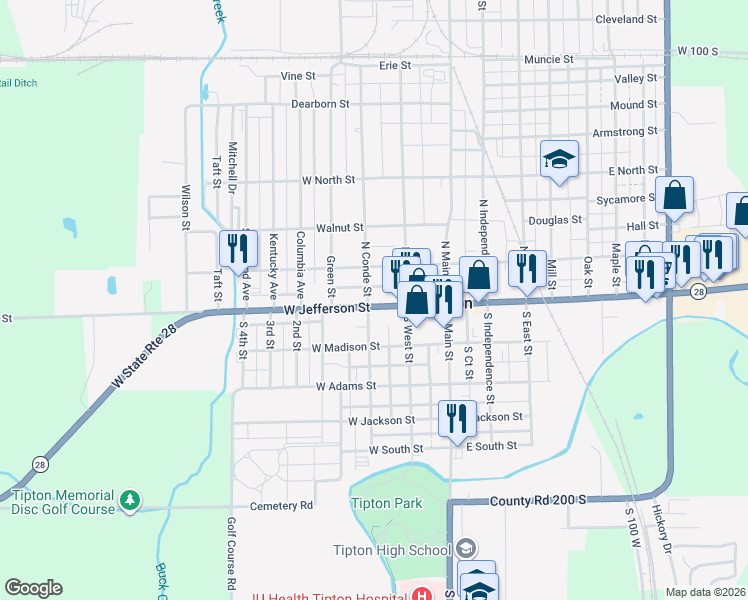 map of restaurants, bars, coffee shops, grocery stores, and more near 234 West Jefferson Street in Tipton