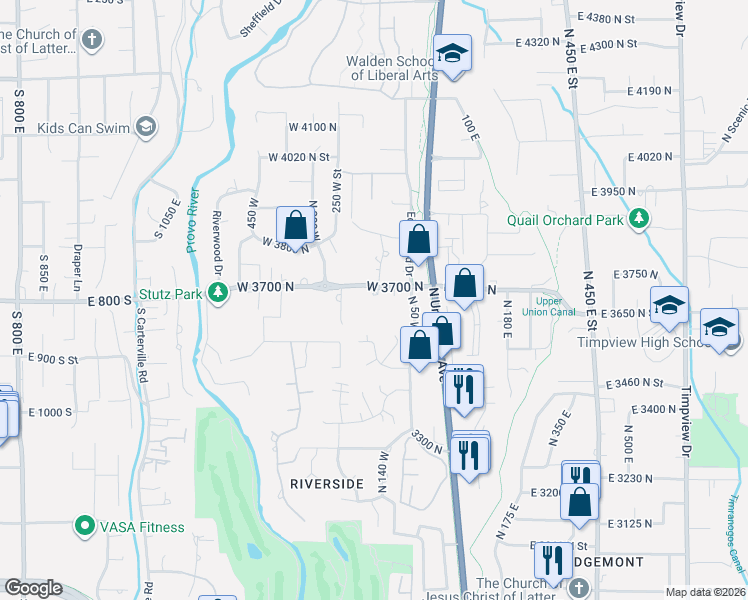 map of restaurants, bars, coffee shops, grocery stores, and more near 151 West 3700 North in Provo