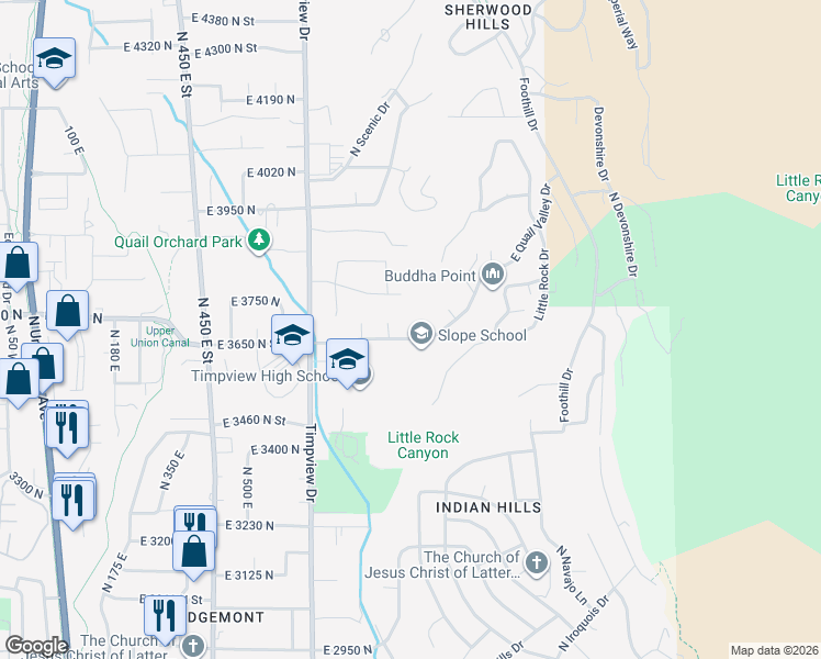 map of restaurants, bars, coffee shops, grocery stores, and more near 3663 North 870 East in Provo