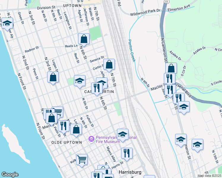 map of restaurants, bars, coffee shops, grocery stores, and more near 626 Woodbine Street in Harrisburg