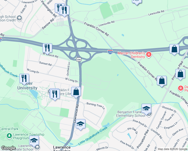map of restaurants, bars, coffee shops, grocery stores, and more near 29 Birdie Way in Lawrence Township